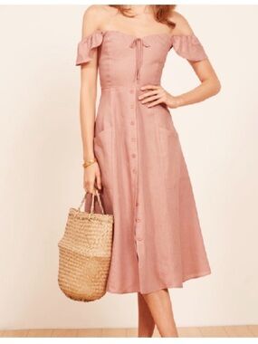 Reformation Dusty Rose Off-Shoulder Button Midi Dress